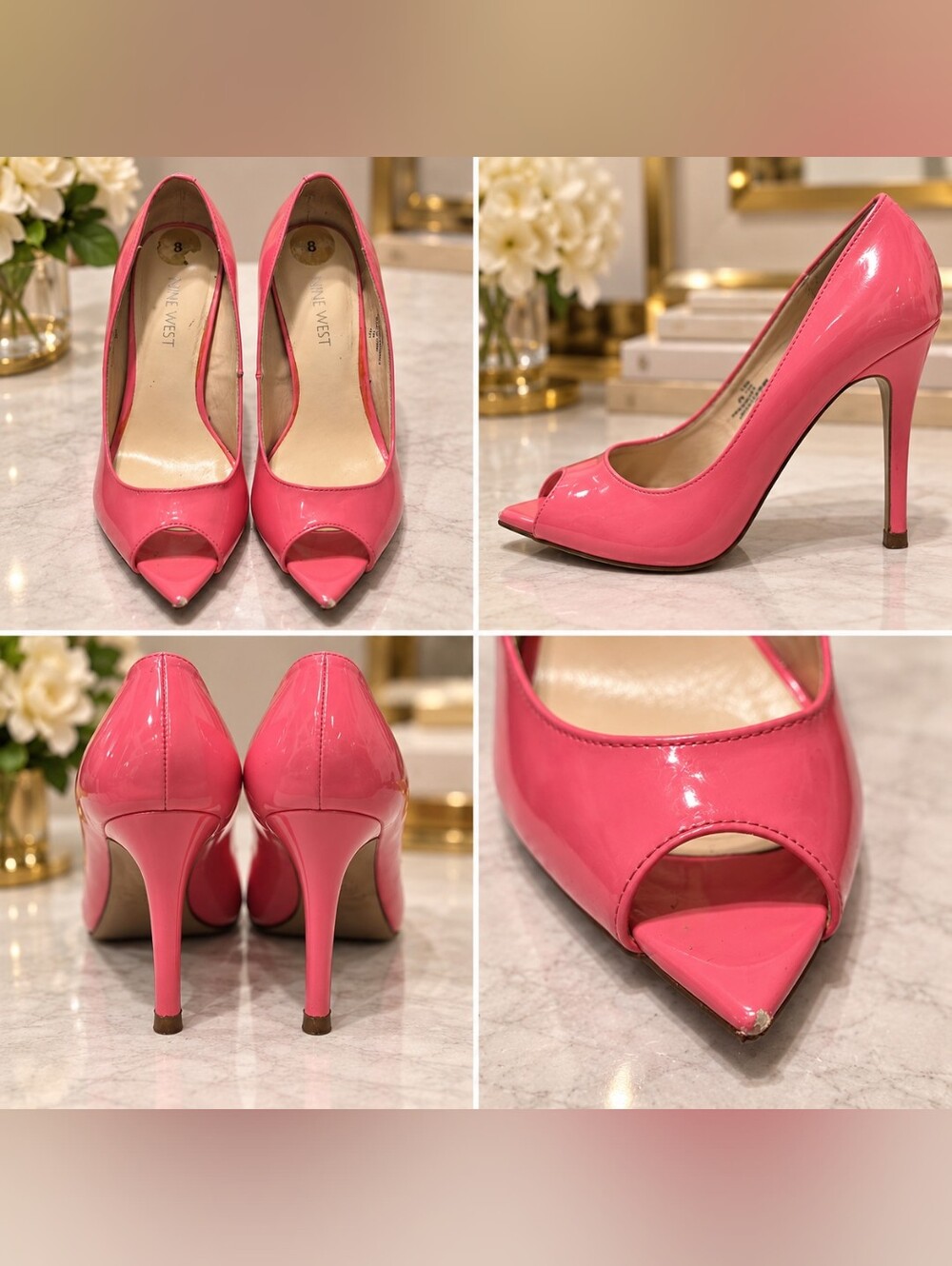 Nine West Pink Patent Peep-Toe Stiletto Heels – Size 8